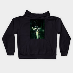 Digital collage and special processing. Hand full of spikes. Cursed. White, green light on background. Kids Hoodie